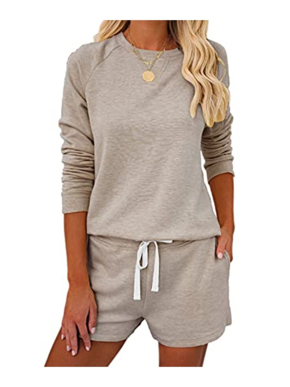 Women's Long Sleeve Pajama Set Crewneck Pullover & Pocketed Shorts 2 Piece
